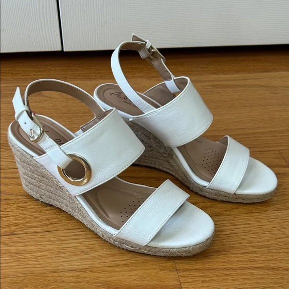 Abella White Leather Wedge Sandals - Picture 1 of 6